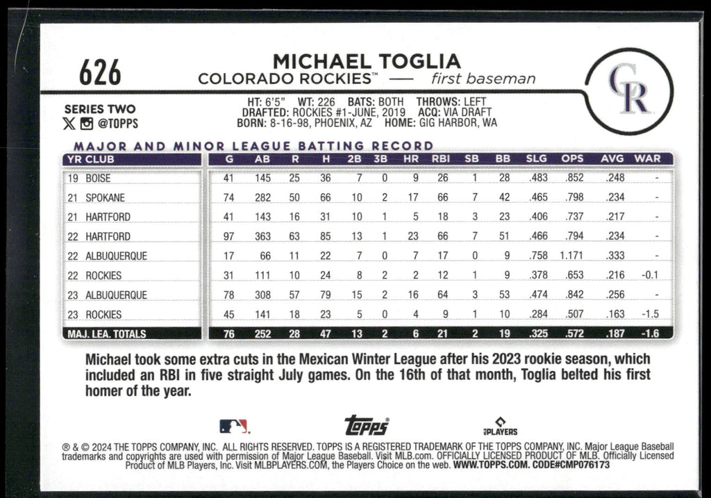 2024 Topps #626 Michael Toglia Rainbow Foil