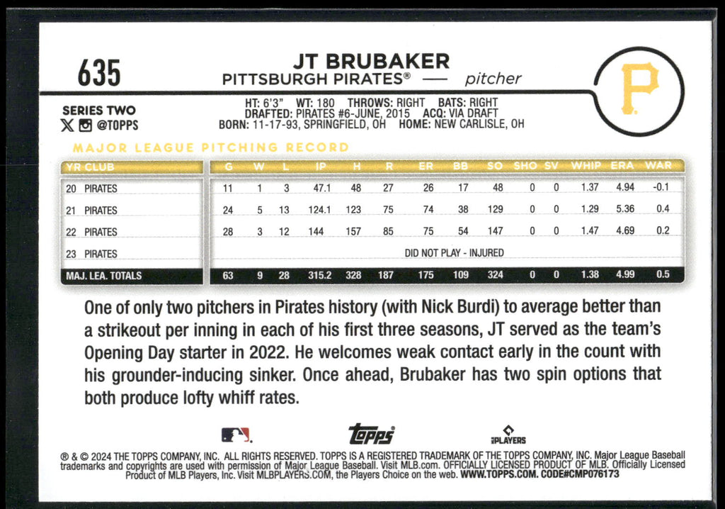 2024 Topps #635 JT Brubaker Rainbow Foil