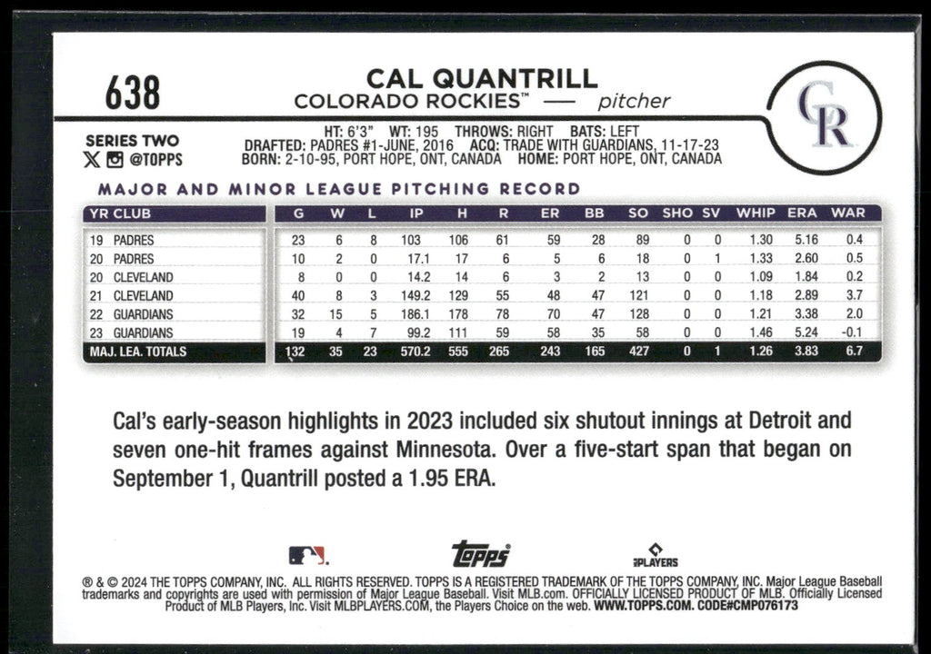 2024 Topps #638 Cal Quantrill Rainbow Foil