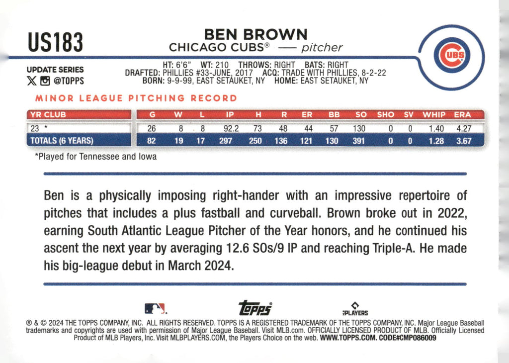 2024 Topps Update #US183 Ben Brown Rainbow Foil