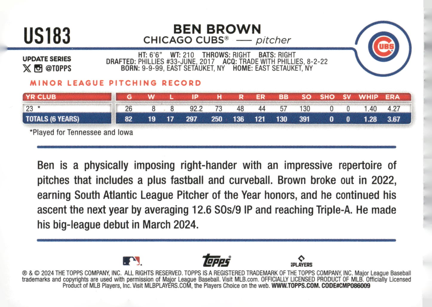 2024 Topps Update #US183 Ben Brown Rainbow Foil