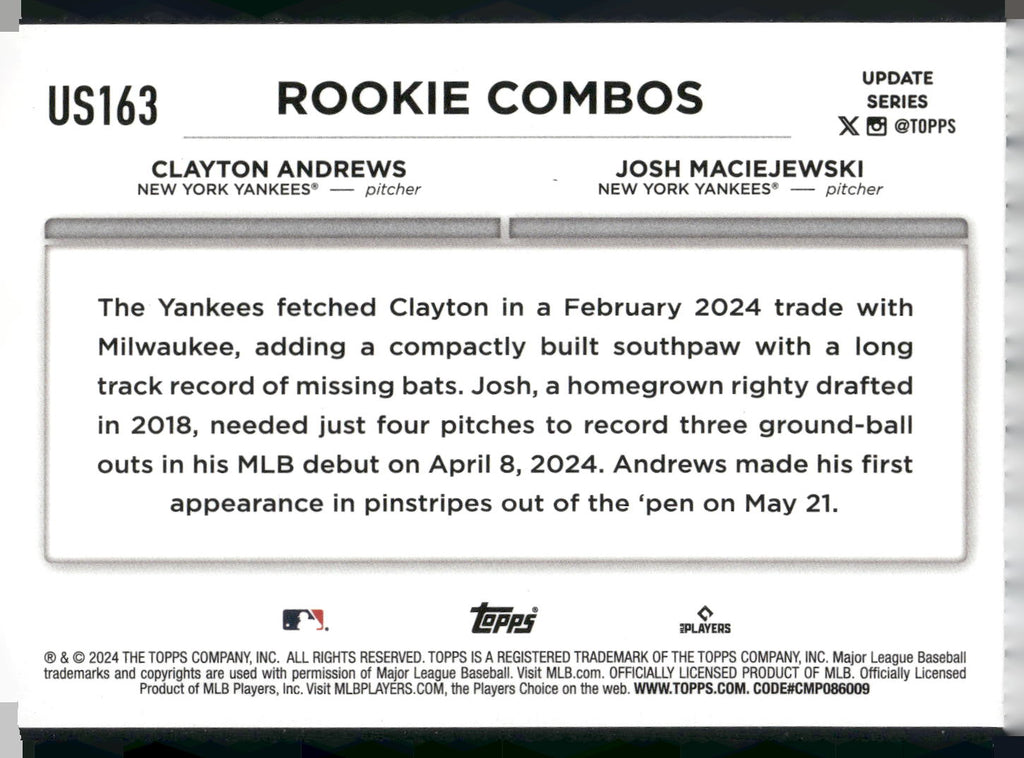 2024 Topps Update #US163 Clayton Andrews / Josh Maciejewski RCOM Rainbow Foil