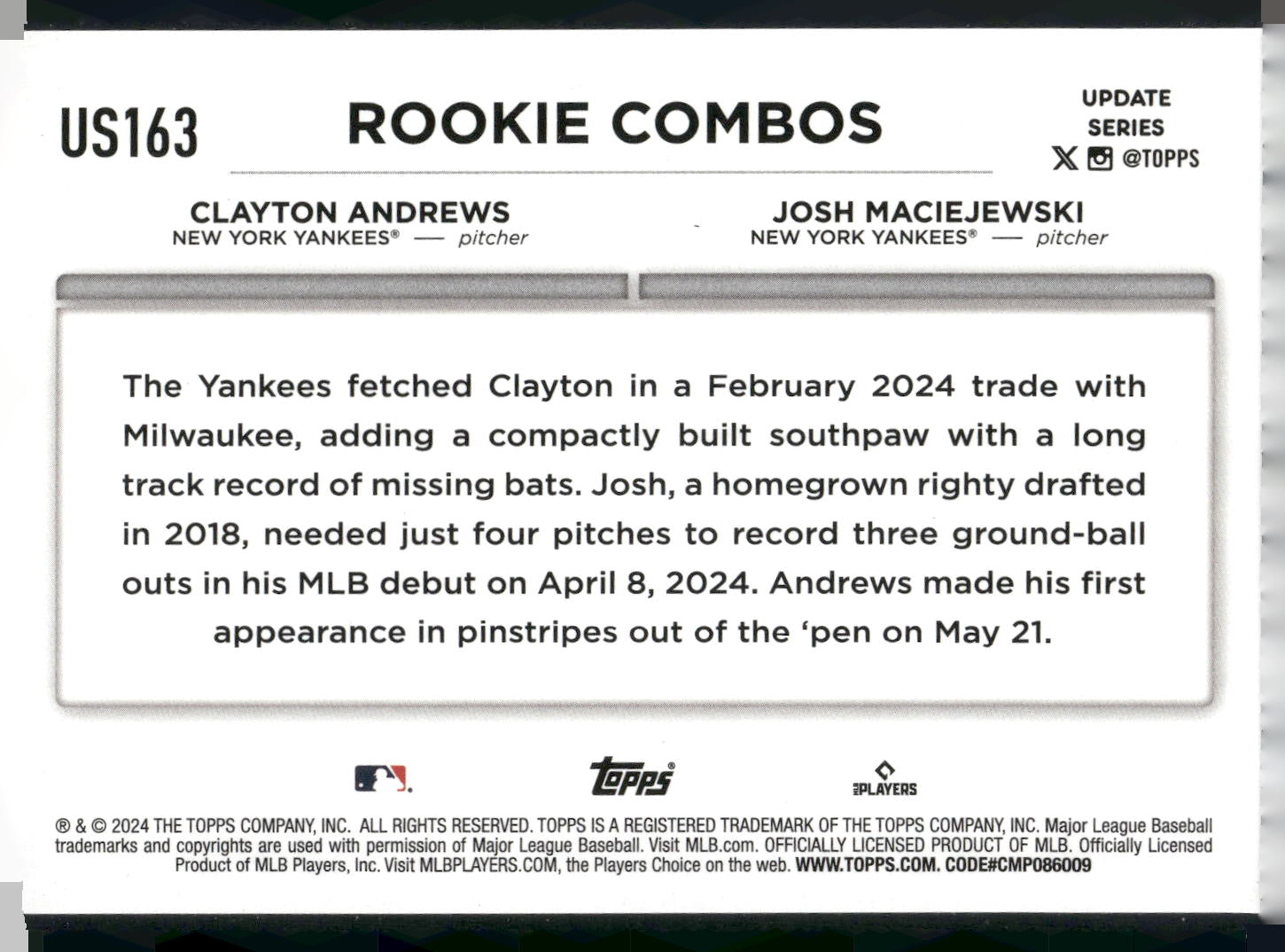 2024 Topps Update #US163 Clayton Andrews / Josh Maciejewski RCOM Rainbow Foil
