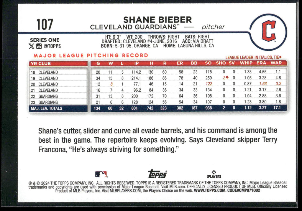 2024 Topps #107 Shane Bieber Rainbow Foil