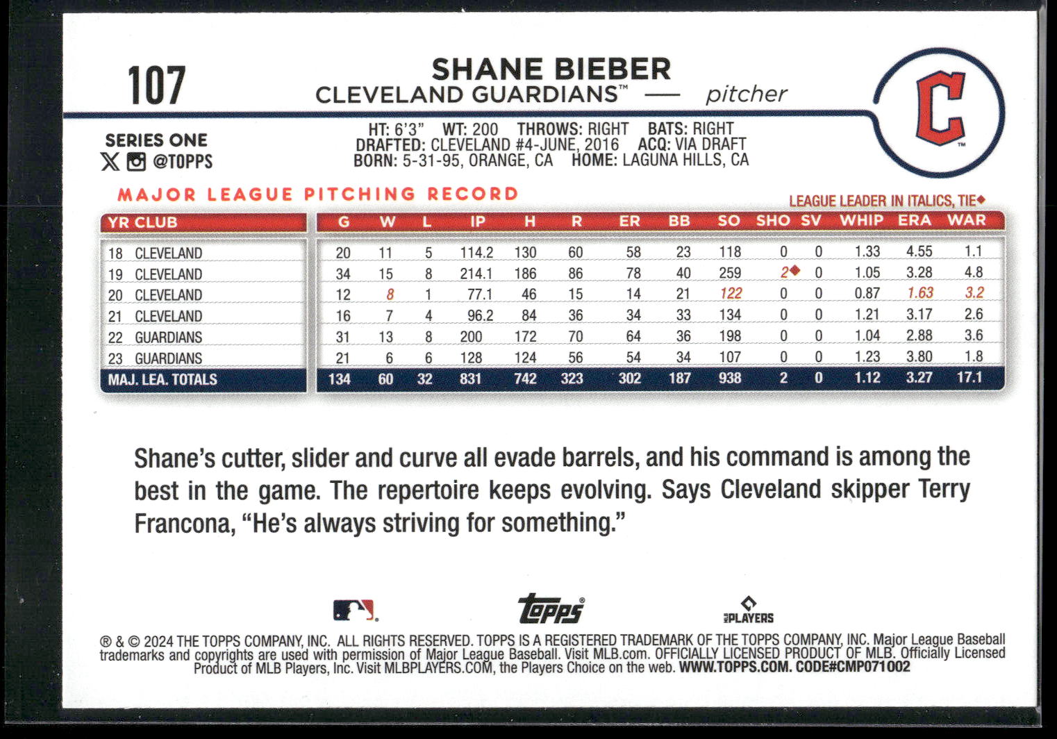 2024 Topps #107 Shane Bieber Rainbow Foil