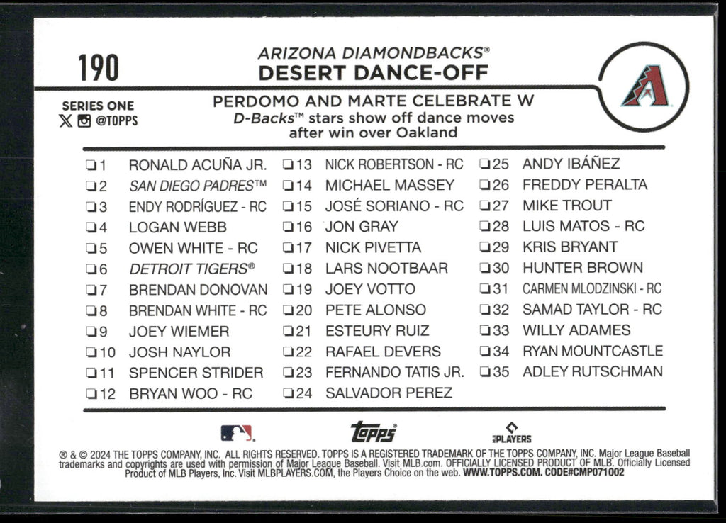 2024 Topps #190 Desert Dance-Off: Perdomo and Marte Celebrate W Rainbow Foil