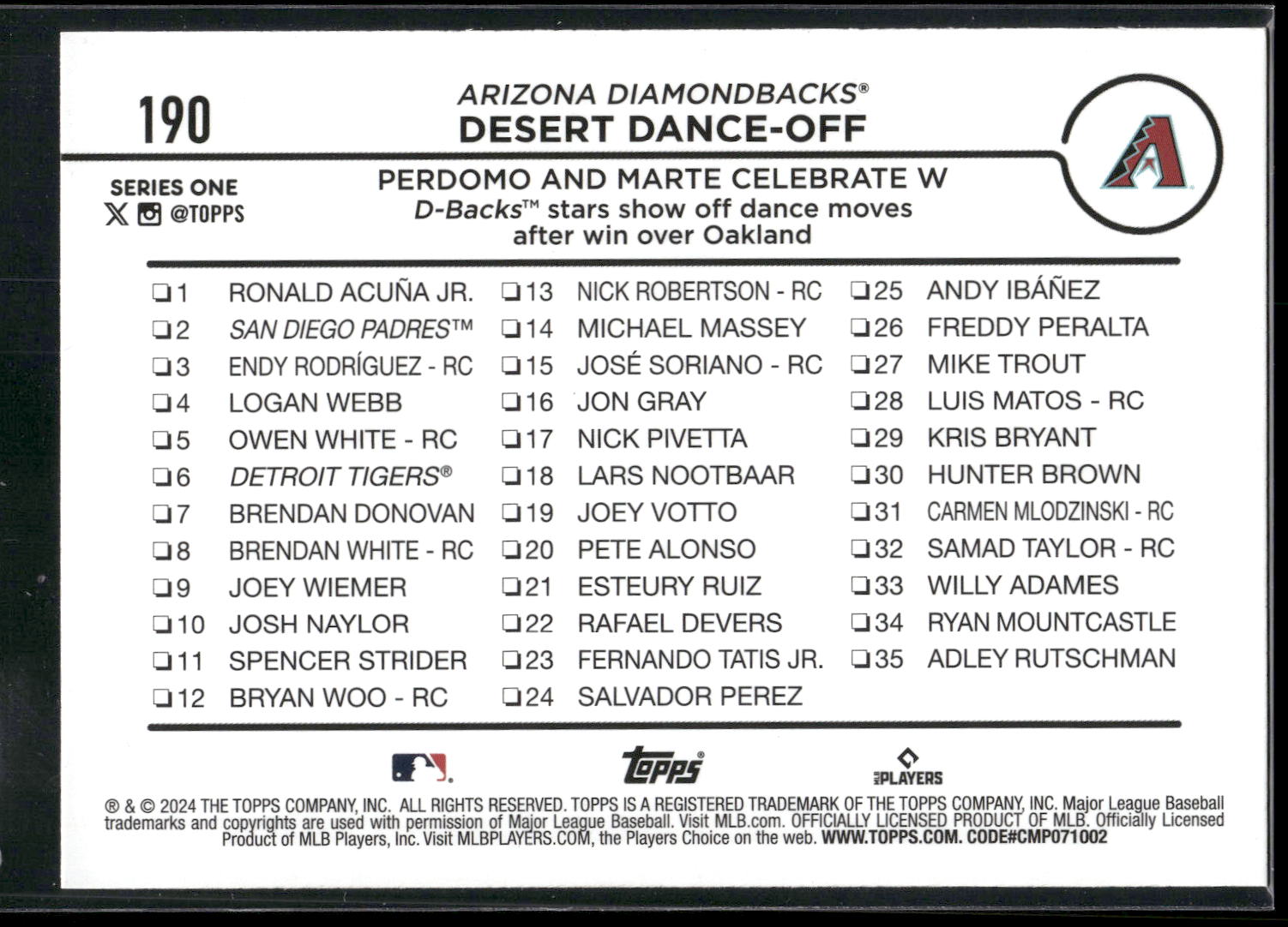 2024 Topps #190 Desert Dance-Off: Perdomo and Marte Celebrate W Rainbow Foil