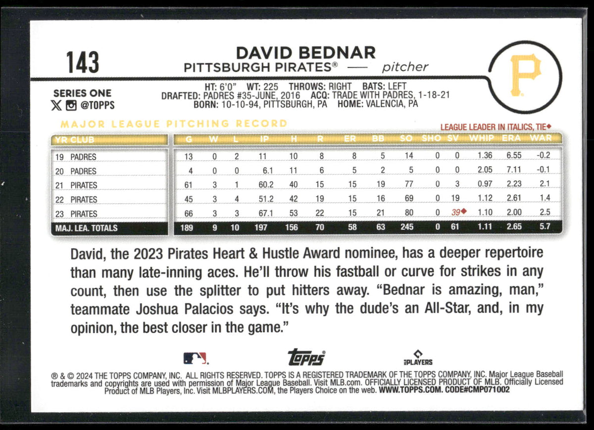 2024 Topps #143 David Bednar Rainbow Foil