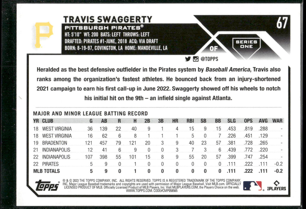 2023 Topps #67 Travis Swaggerty Rainbow Foil