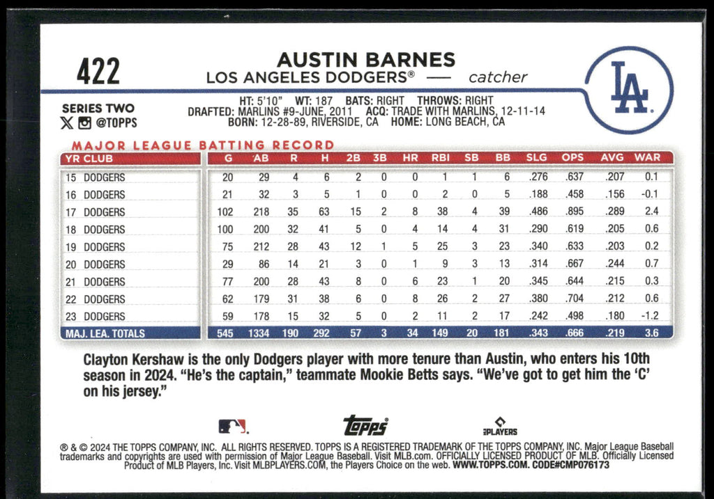 2024 Topps #422 Austin Barnes Black Crackle Foil