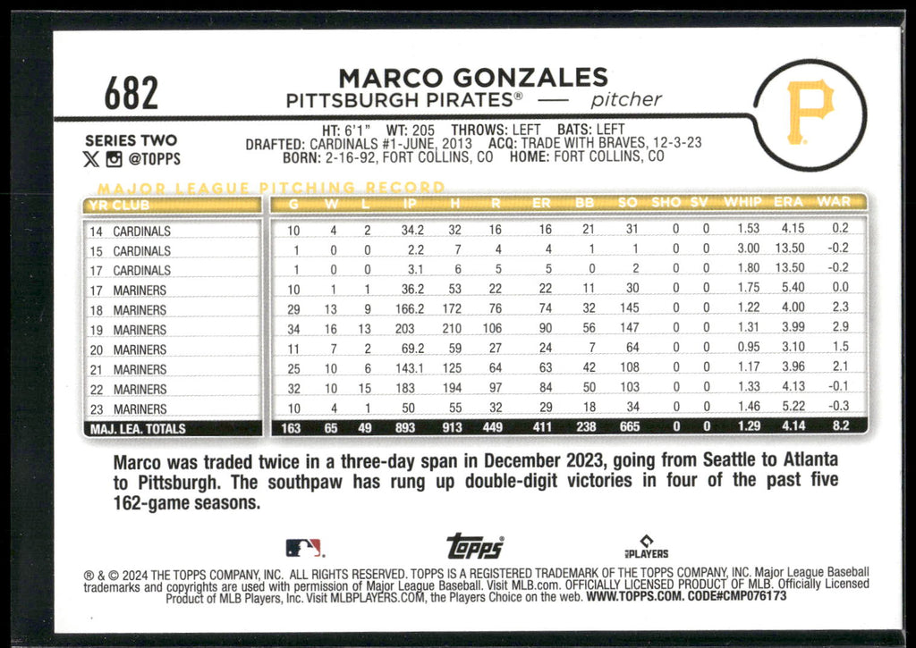 2024 Topps #682 Marco Gonzales Black Crackle Foil