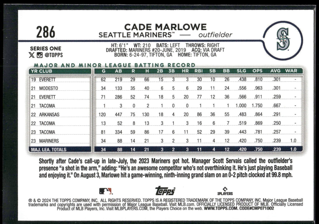 2024 Topps #286 Cade Marlowe Silver Crackle Foil