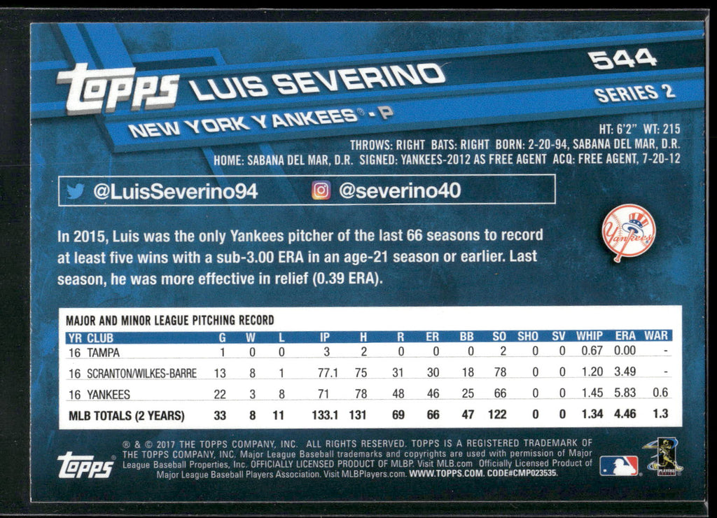 2017 Topps #544 Luis Severino Rainbow Foil