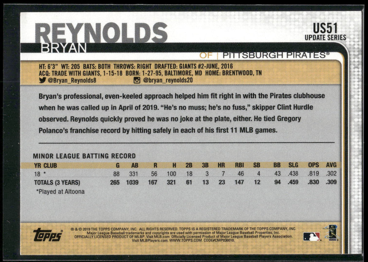 2019 Topps Update #US51 Bryan Reynolds Rainbow Foil