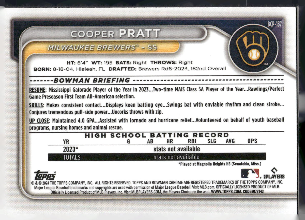 2024 Bowman #BCP-137 Cooper Pratt Chrome Prospects