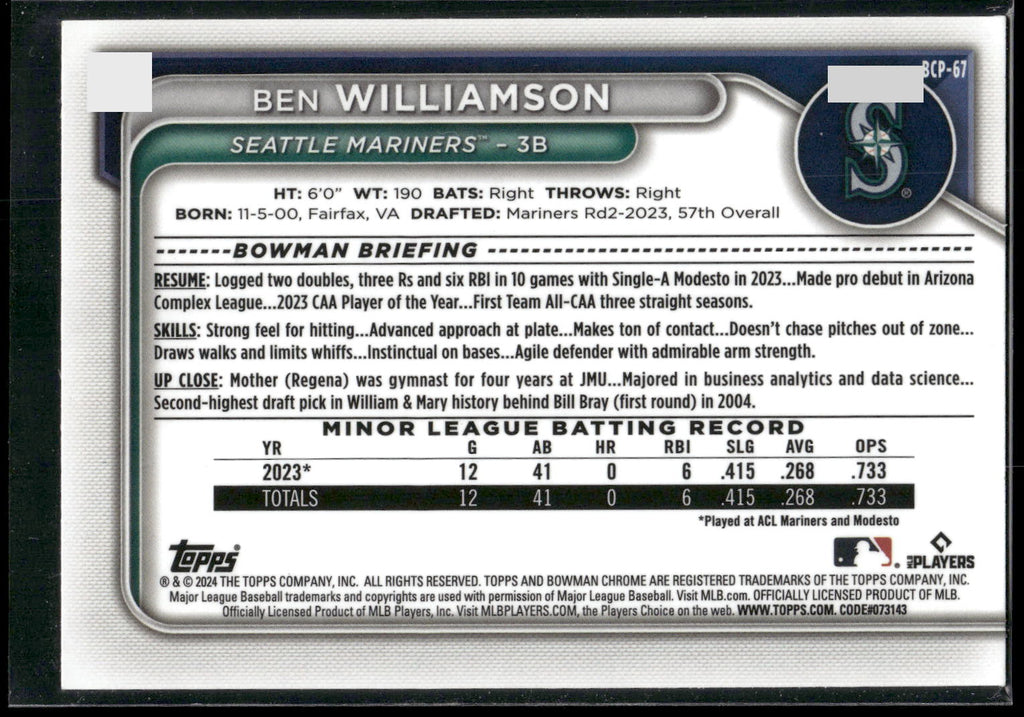 2024 Bowman #BCP-67 Ben Williamson Chrome Prospects