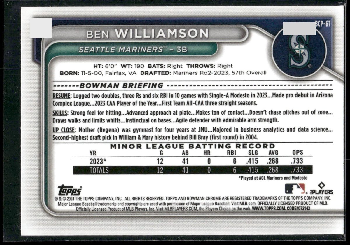 2024 Bowman #BCP-67 Ben Williamson Chrome Prospects