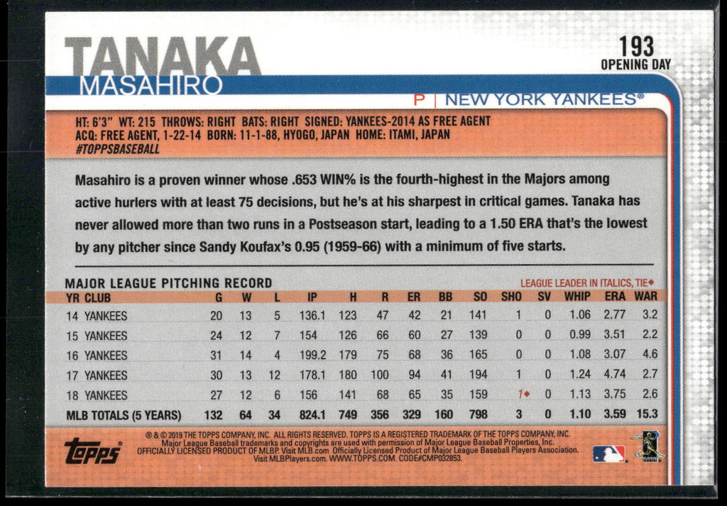 2019 Topps Opening Day #193 Masahiro Tanaka Red