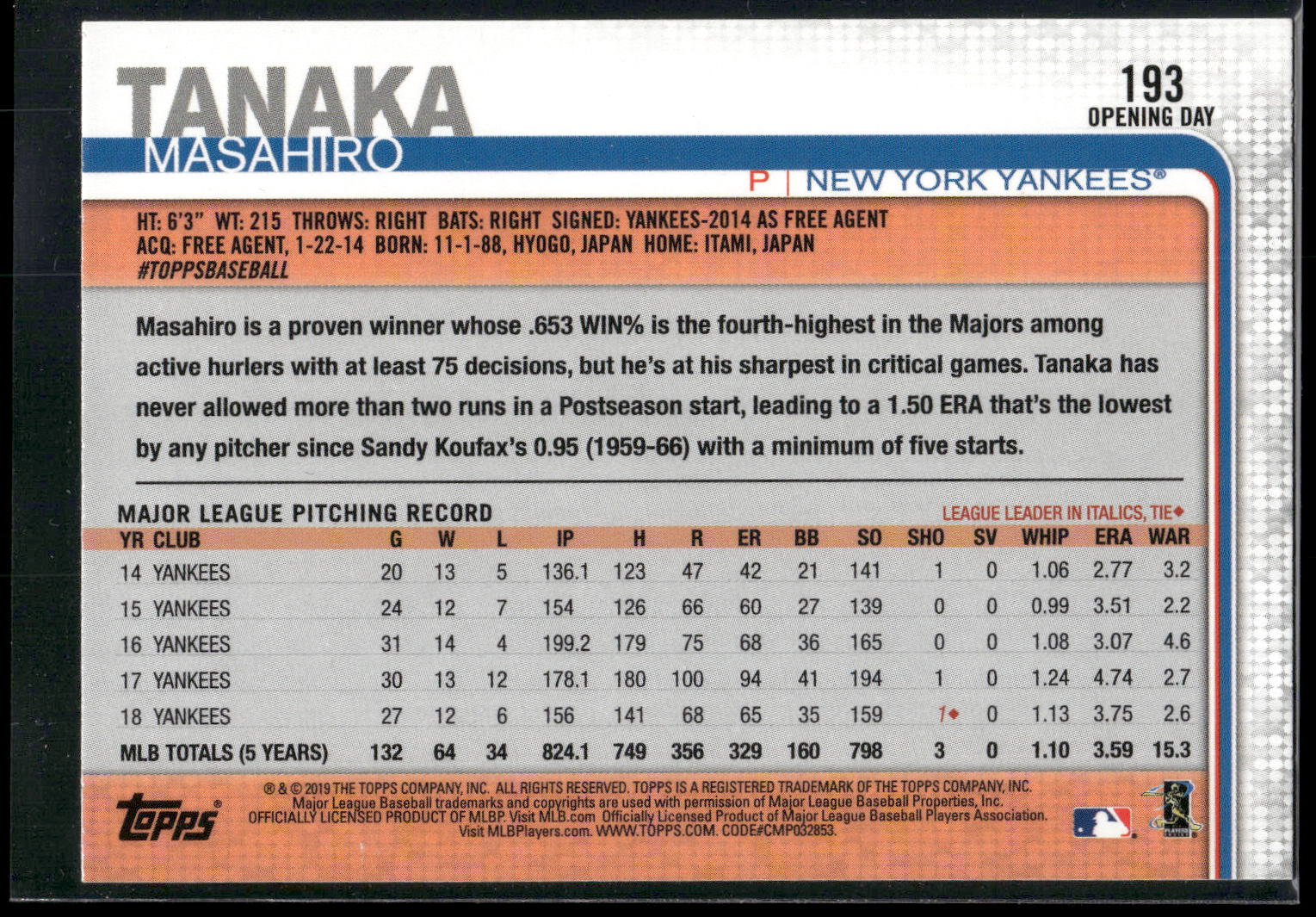 2019 Topps Opening Day #193 Masahiro Tanaka Red