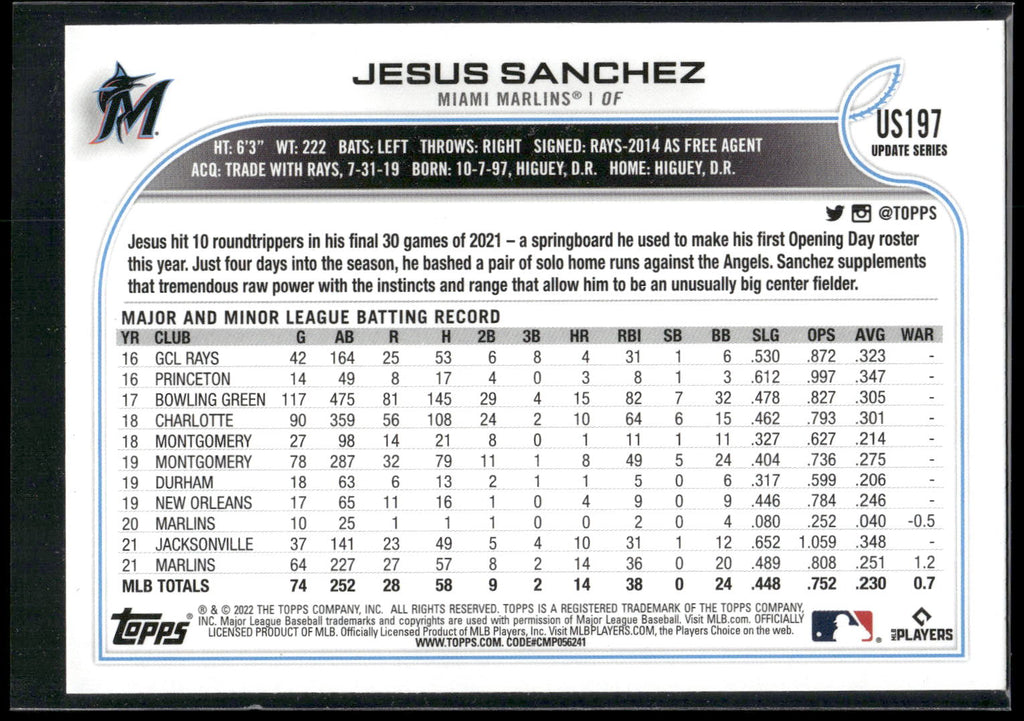 2022 Topps Update #US197 Jesus Sanchez Rainbow Foil