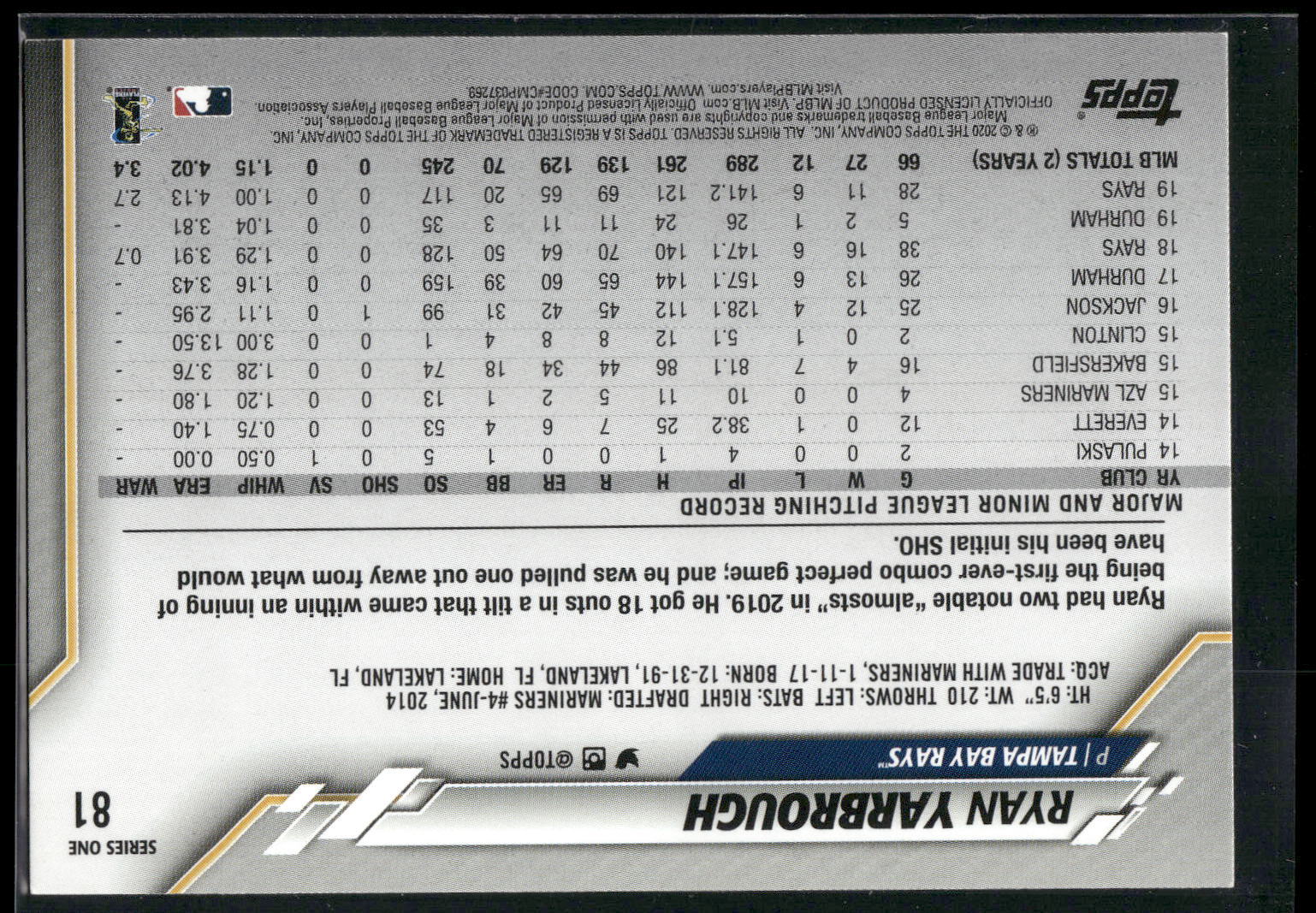 2020 Topps #81 Ryan Yarbrough Rainbow Foil