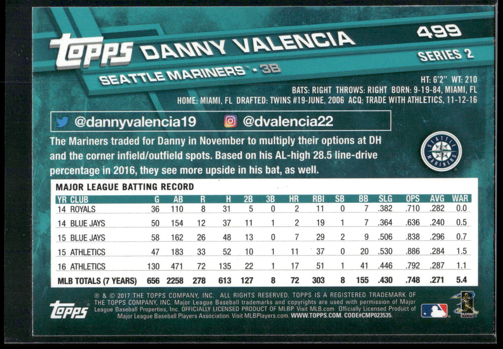 2017 Topps #499 Danny Valencia Rainbow Foil