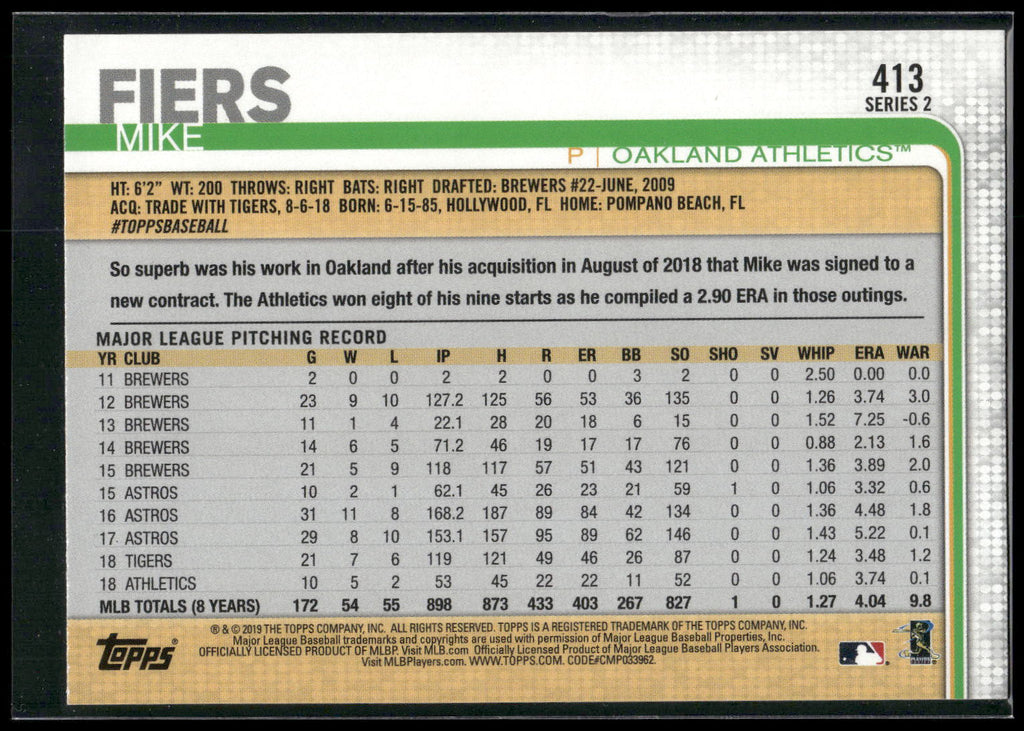 2019 Topps #413 Mike Fiers Rainbow Foil