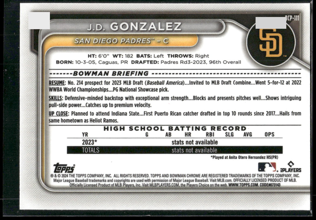 2024 Bowman #BCP-111 J.D. Gonzalez Chrome Prospects