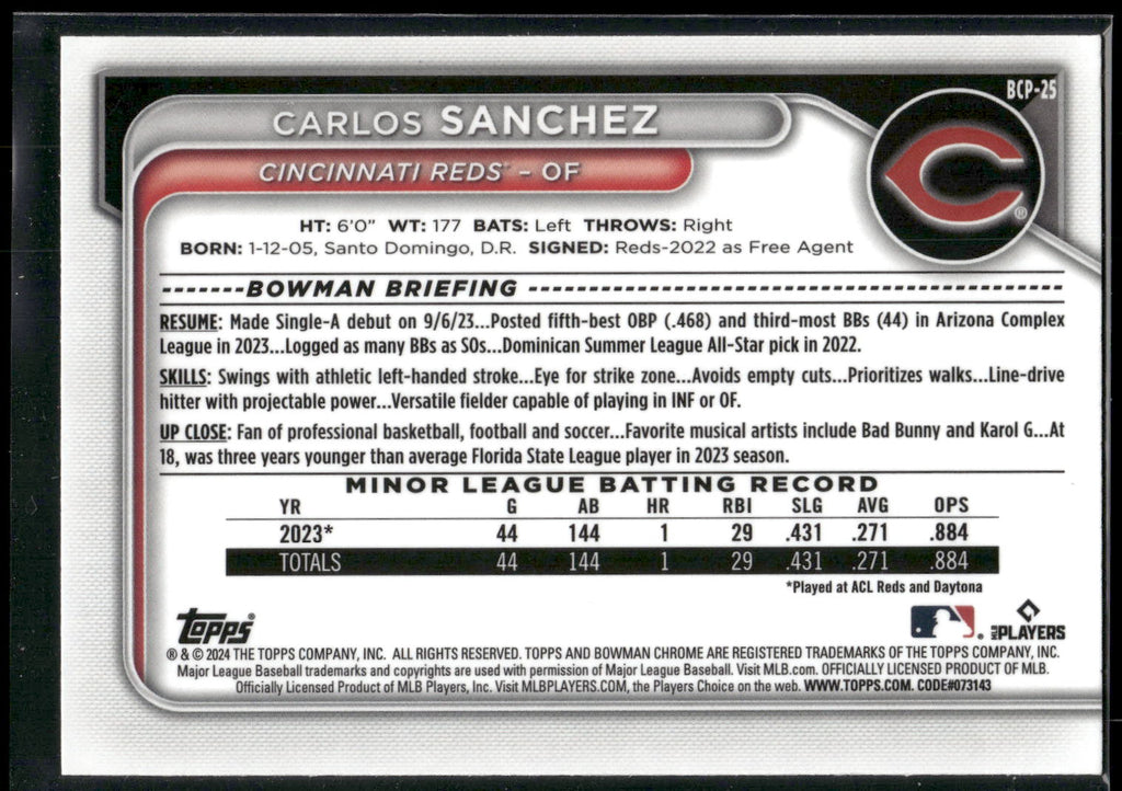 2024 Bowman #BCP-25 Carlos Sanchez Chrome Prospects