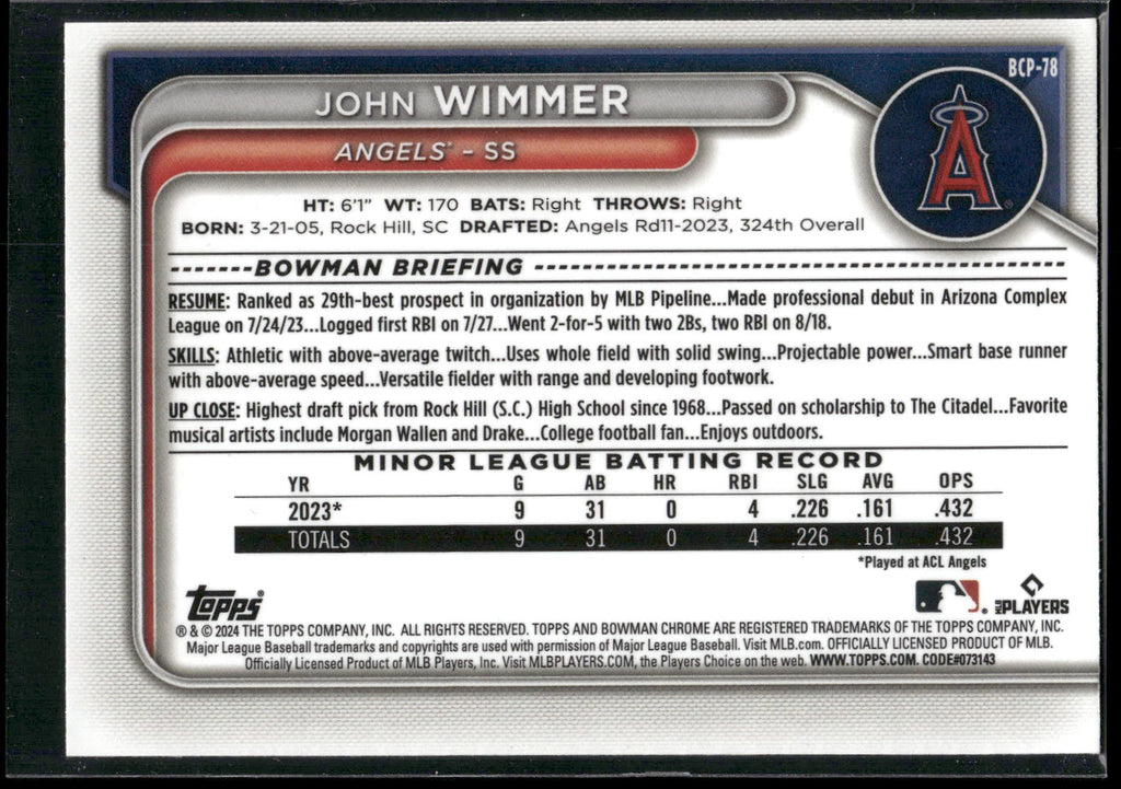 2024 Bowman #BCP-78 John Wimmer Chrome Prospects