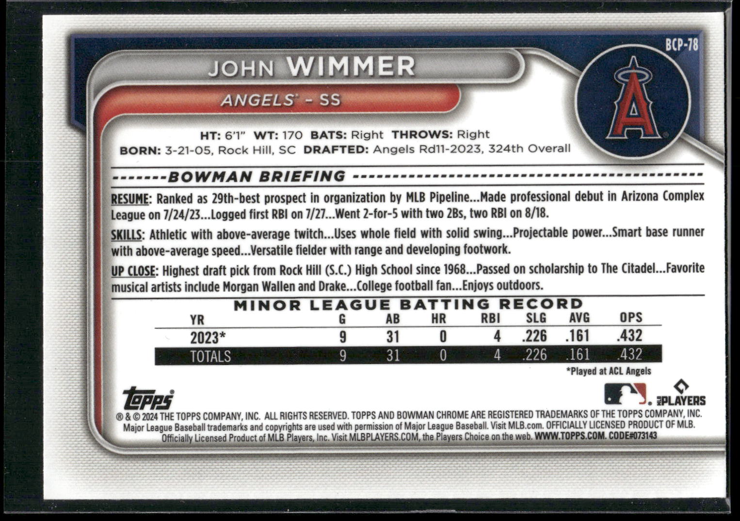 2024 Bowman #BCP-78 John Wimmer Chrome Prospects