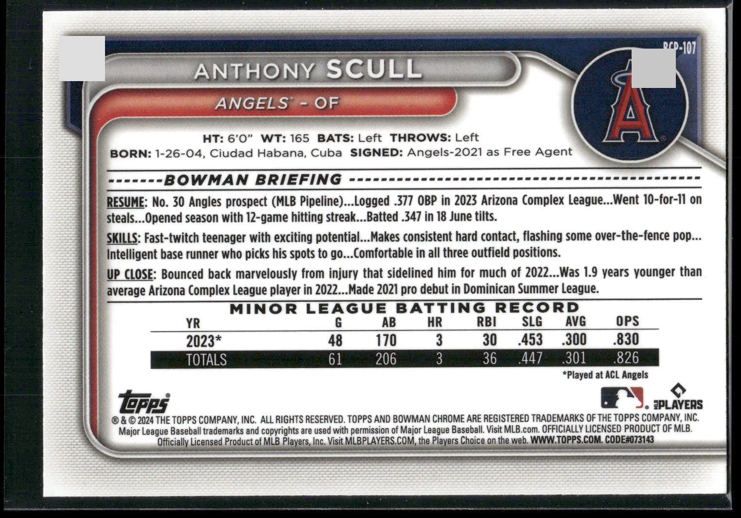 2024 Bowman #BCP-107 Anthony Scull Chrome Prospects