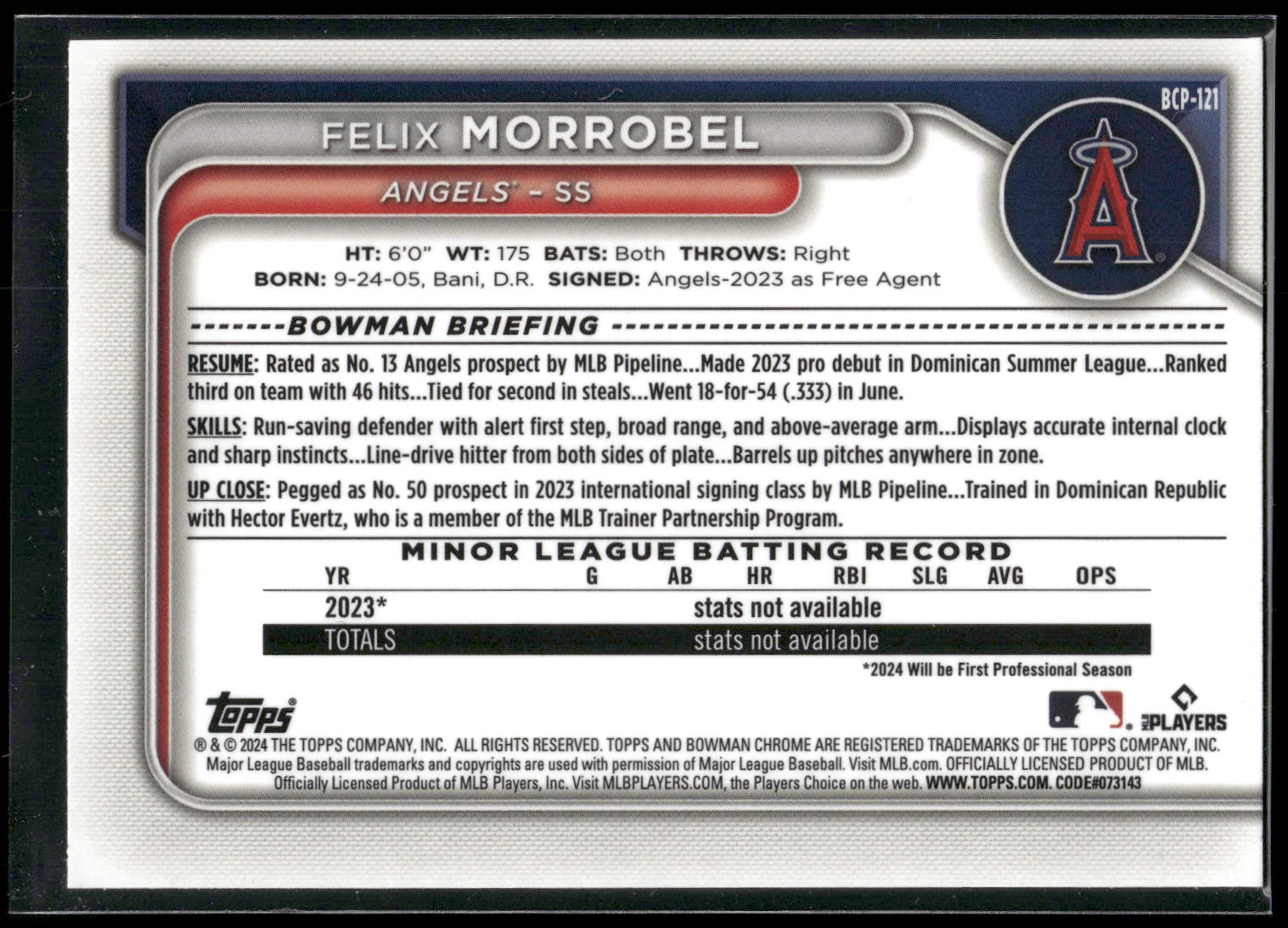 2024 Bowman #BCP-121 Felix Morrobel Chrome Prospects