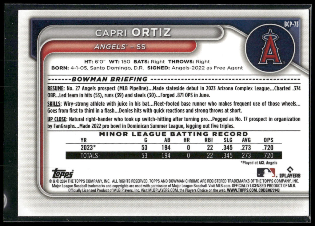2024 Bowman #BCP-73 Capri Ortiz Chrome Prospects