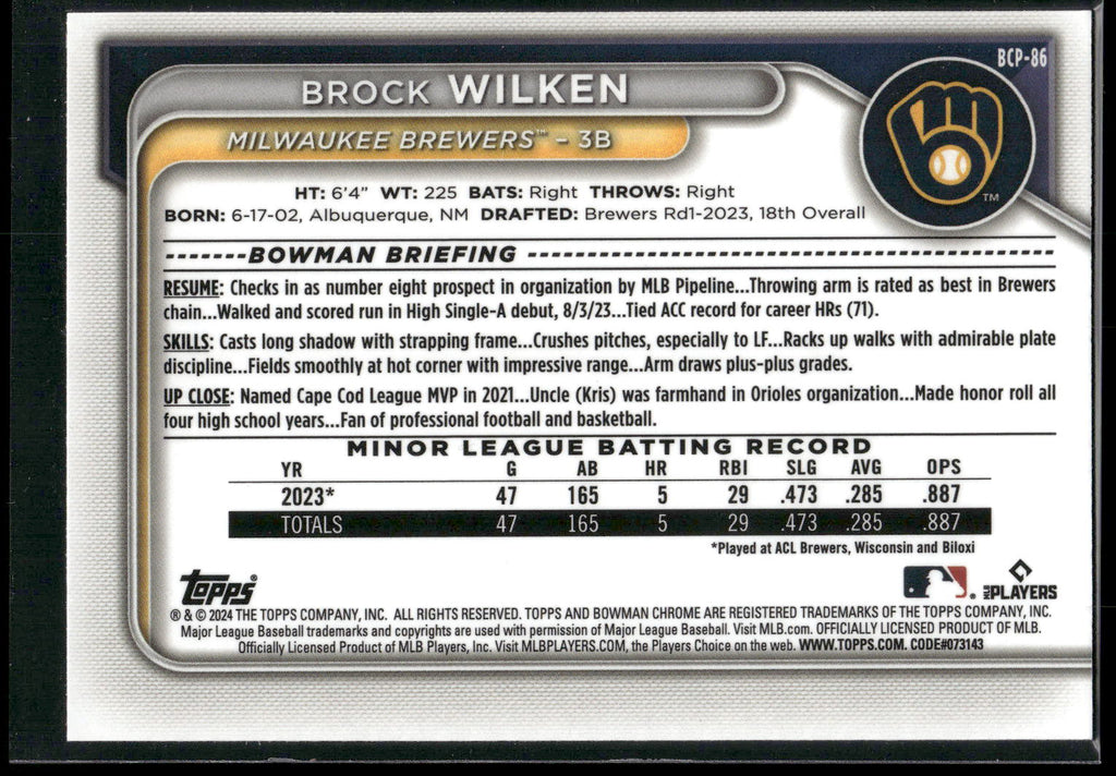 2024 Bowman #BCP-86 Brock Wilken Chrome Prospects