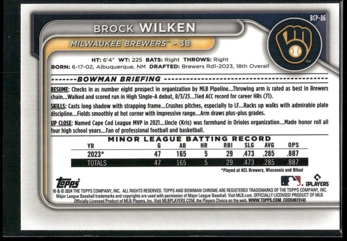 2024 Bowman #BCP-86 Brock Wilken Chrome Prospects
