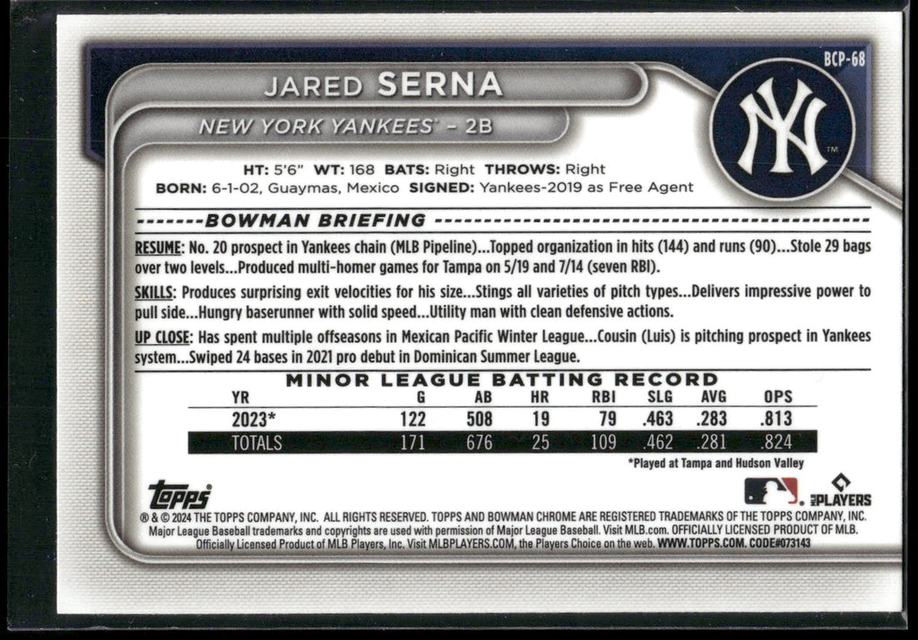 2024 Bowman #BCP-68 Jared Serna Chrome Prospects