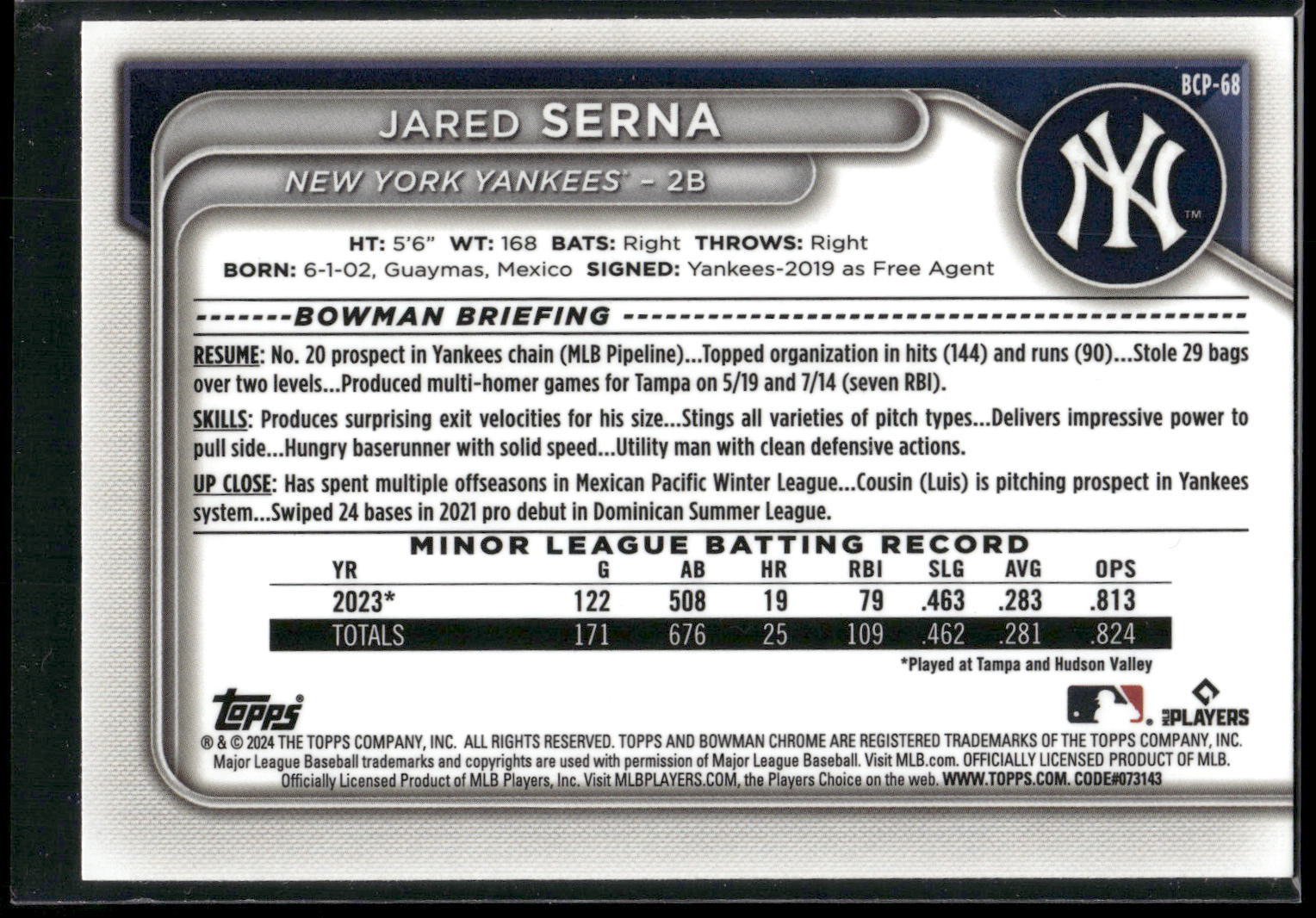 2024 Bowman #BCP-68 Jared Serna Chrome Prospects