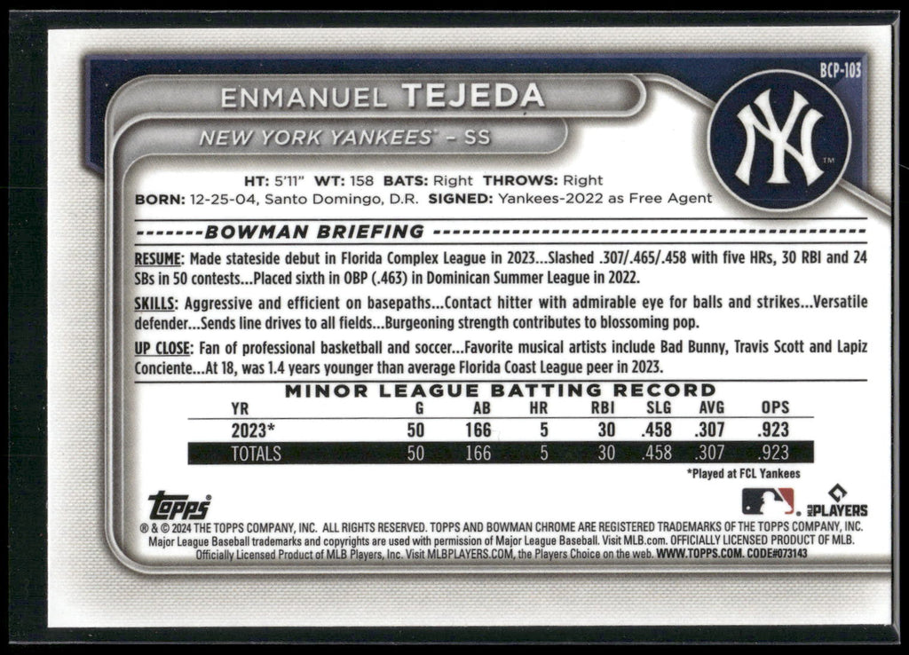 2024 Bowman #BCP-103 Enmanuel Tejeda Chrome Prospects