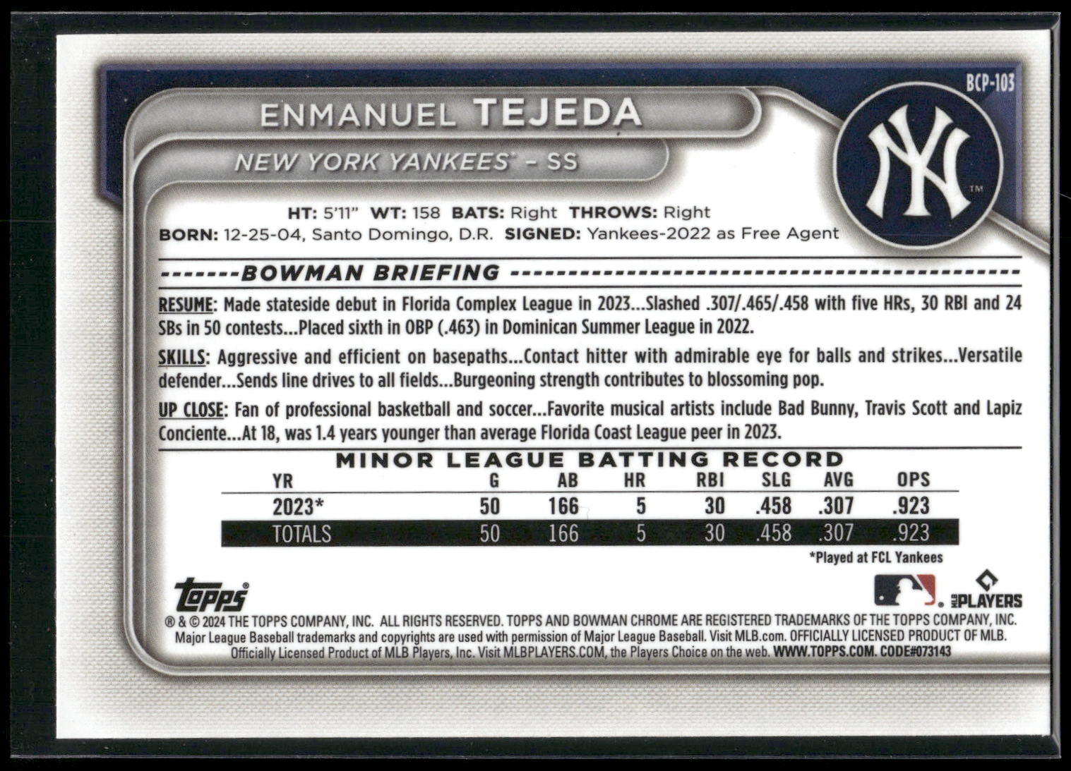 2024 Bowman #BCP-103 Enmanuel Tejeda Chrome Prospects
