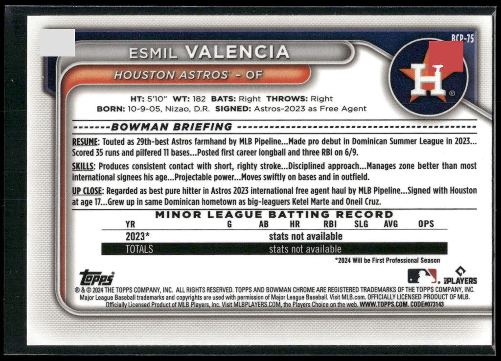 2024 Bowman #BCP-75 Esmil Valencia Chrome Prospects