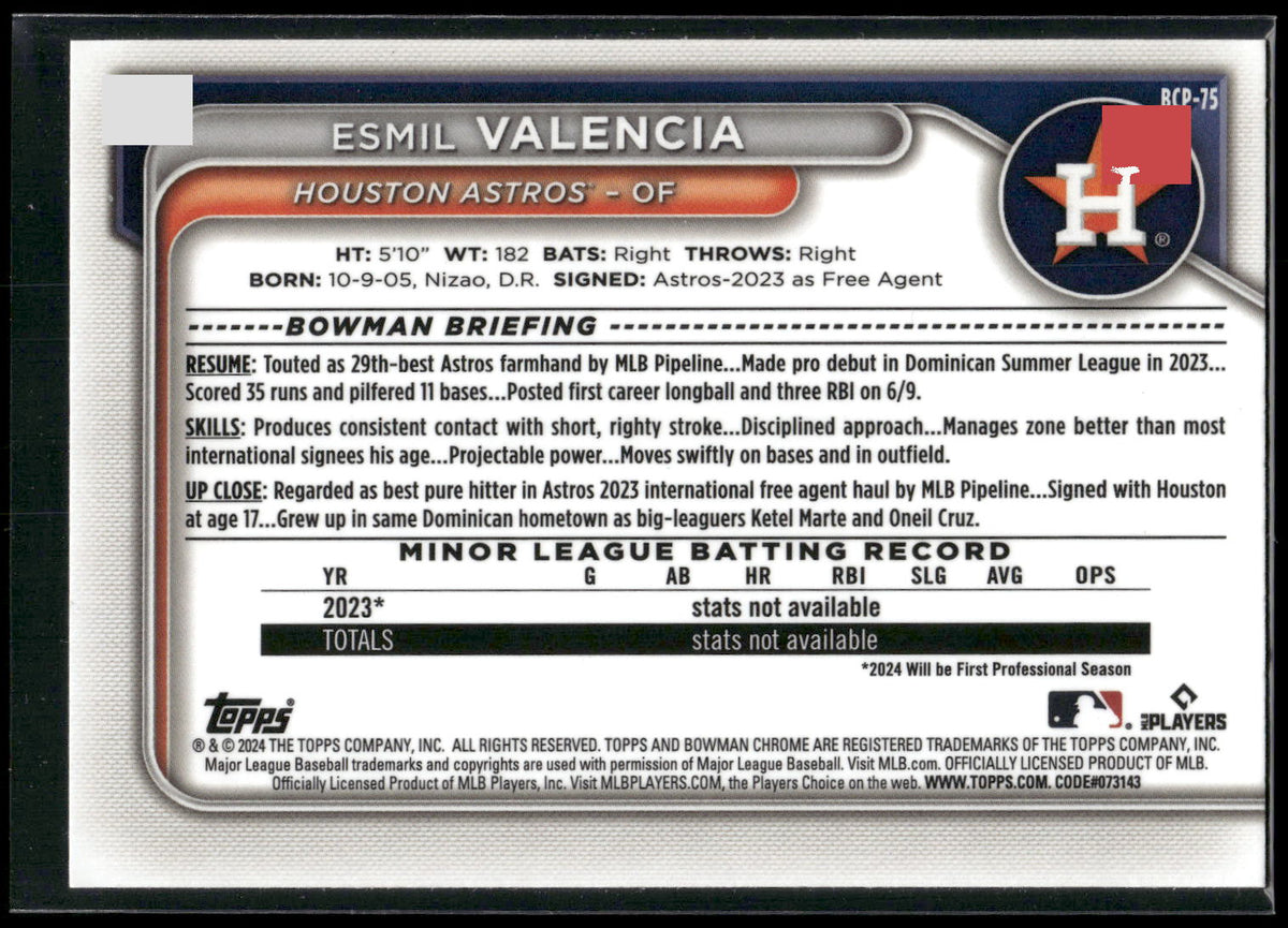 2024 Bowman #BCP-75 Esmil Valencia Chrome Prospects