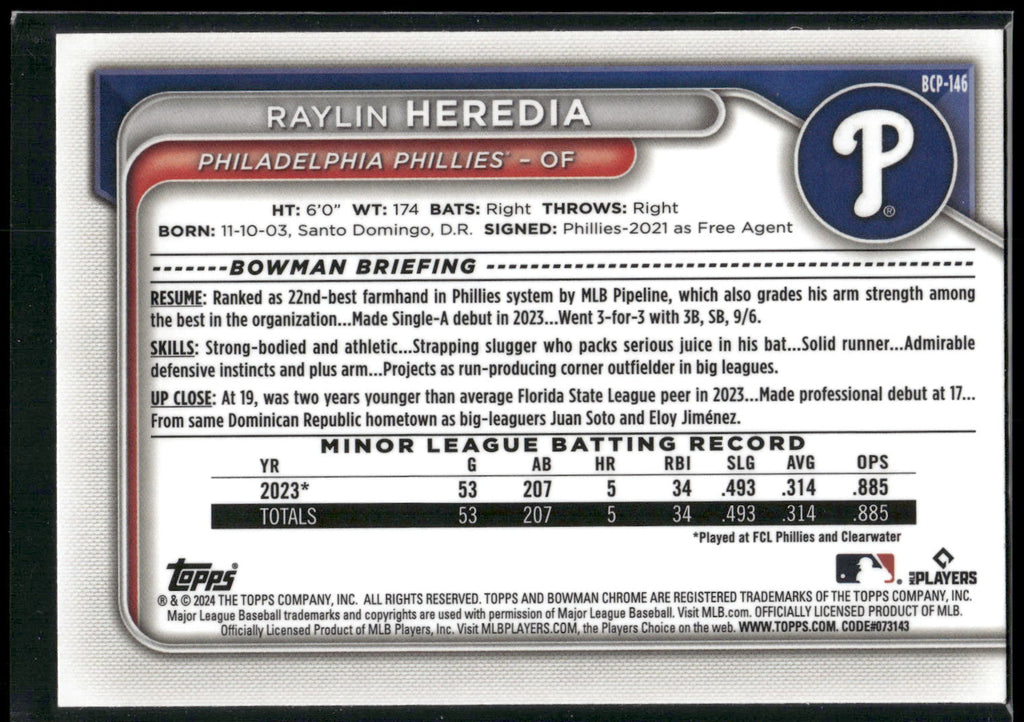 2024 Bowman #BCP-146 Raylin Heredia Chrome Prospects