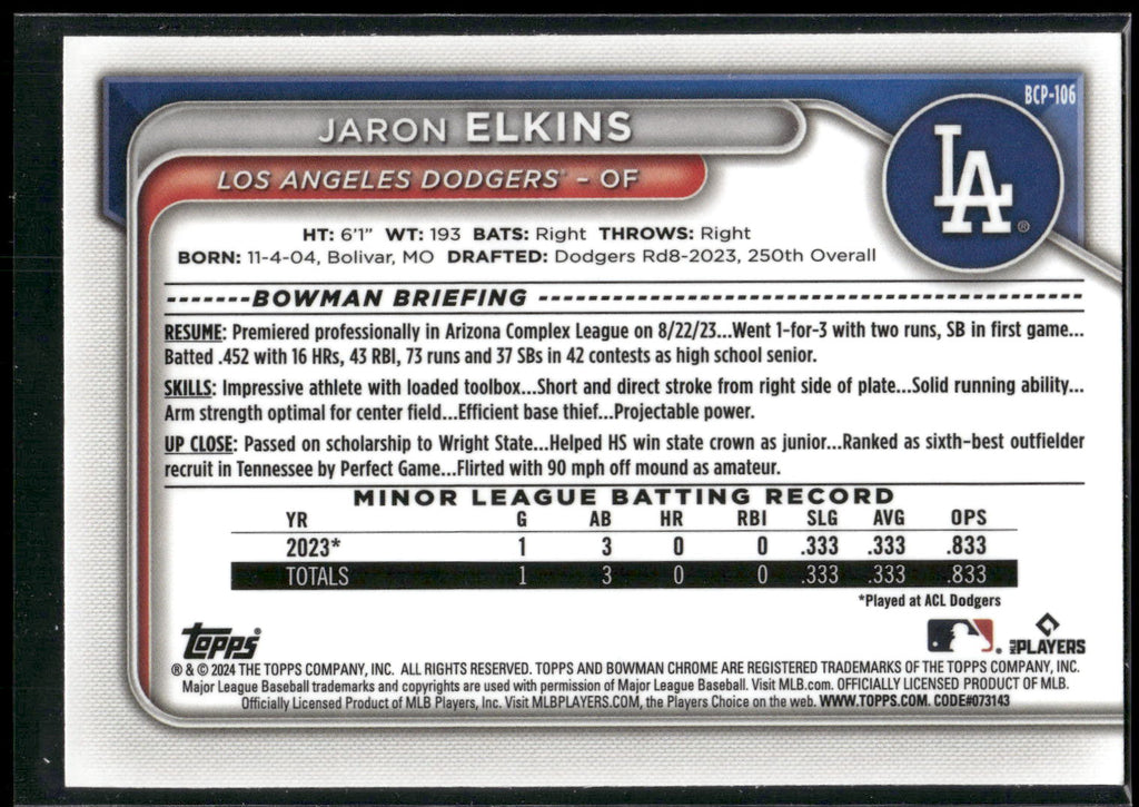 2024 Bowman #BCP-106 Jaron Elkins Chrome Prospects