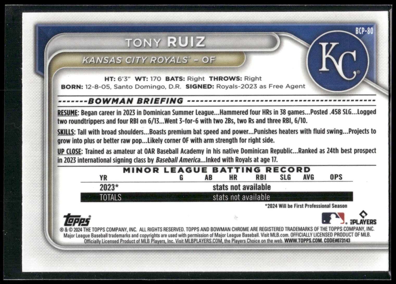 2024 Bowman #BCP-80 Tony Ruiz Chrome Prospects