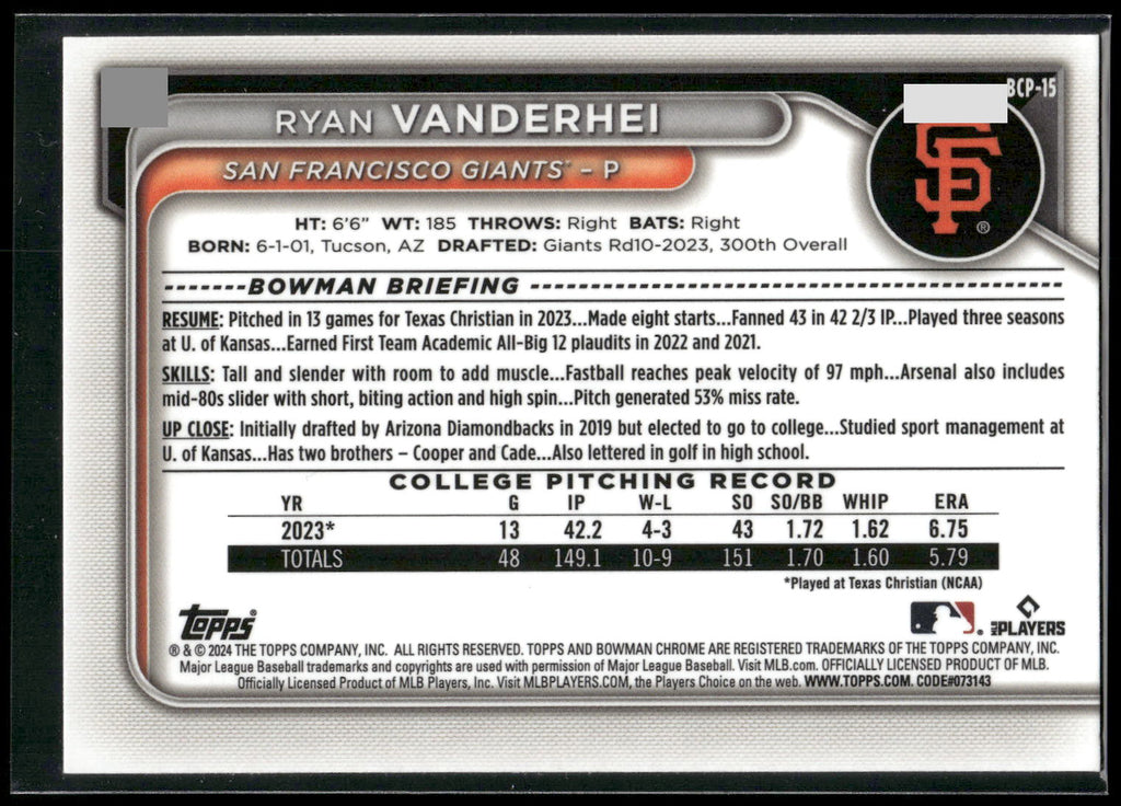 2024 Bowman #BCP-15 Ryan Vanderhei Chrome Prospects