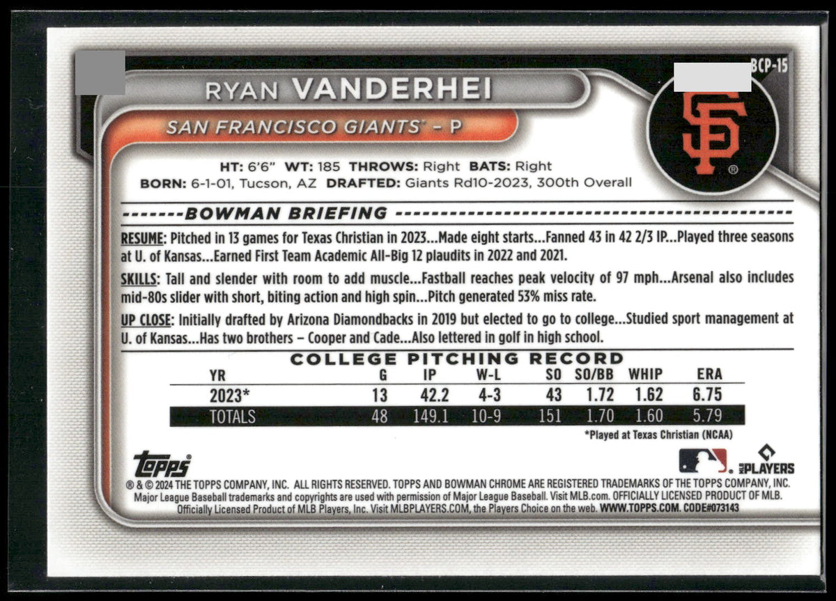 2024 Bowman #BCP-15 Ryan Vanderhei Chrome Prospects