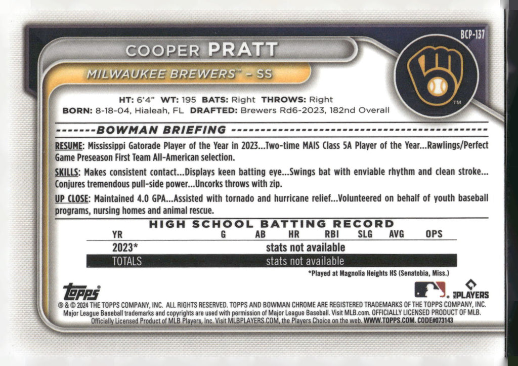2024 Bowman #BCP-137 Cooper Pratt Chrome Prospects
