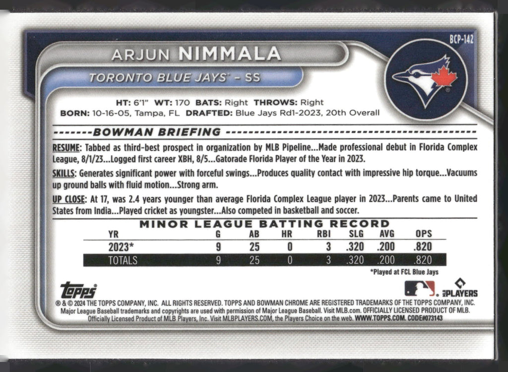 2024 Bowman #BCP-142 Arjun Nimmala Chrome Prospects