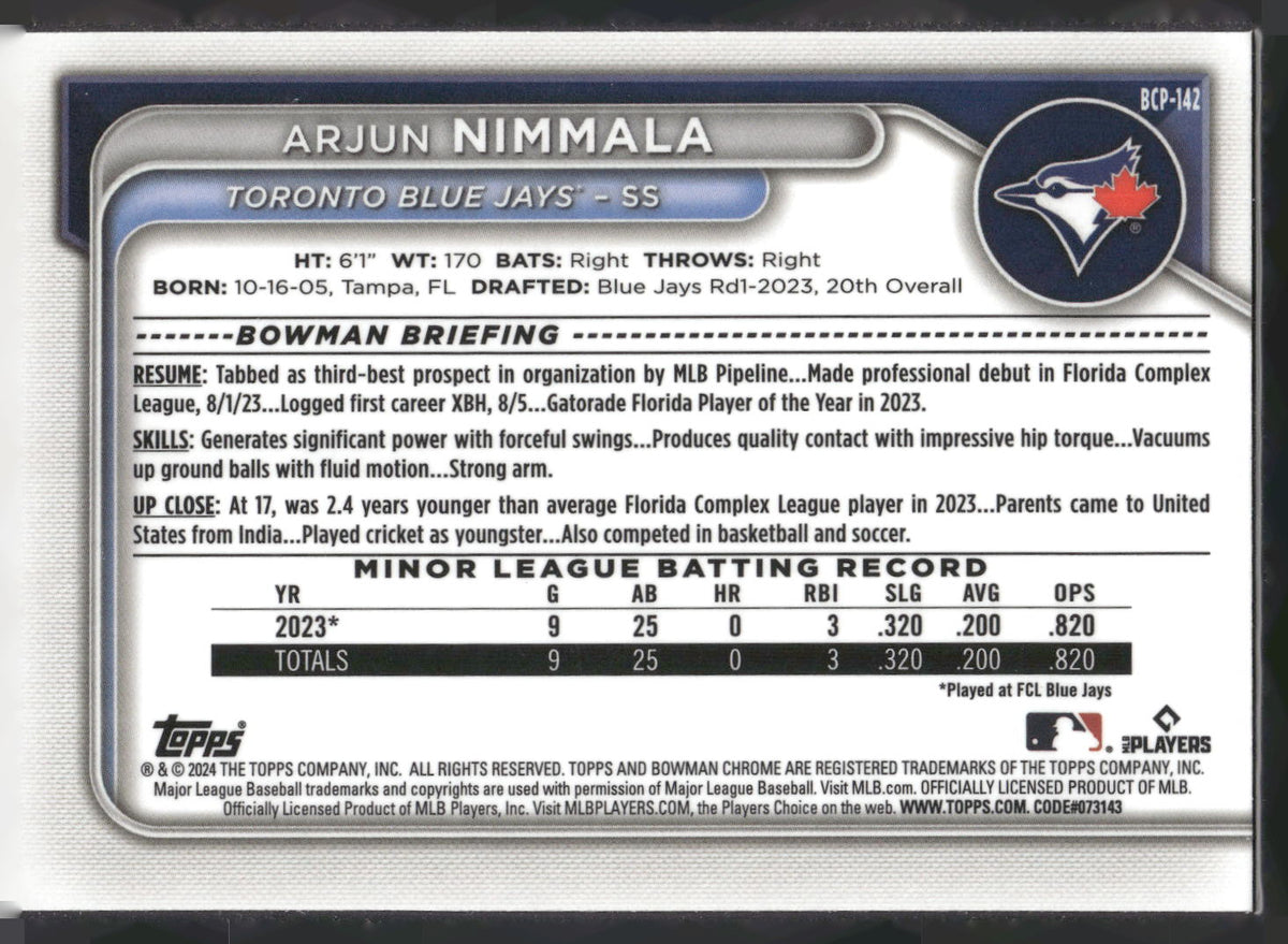 2024 Bowman #BCP-142 Arjun Nimmala Chrome Prospects